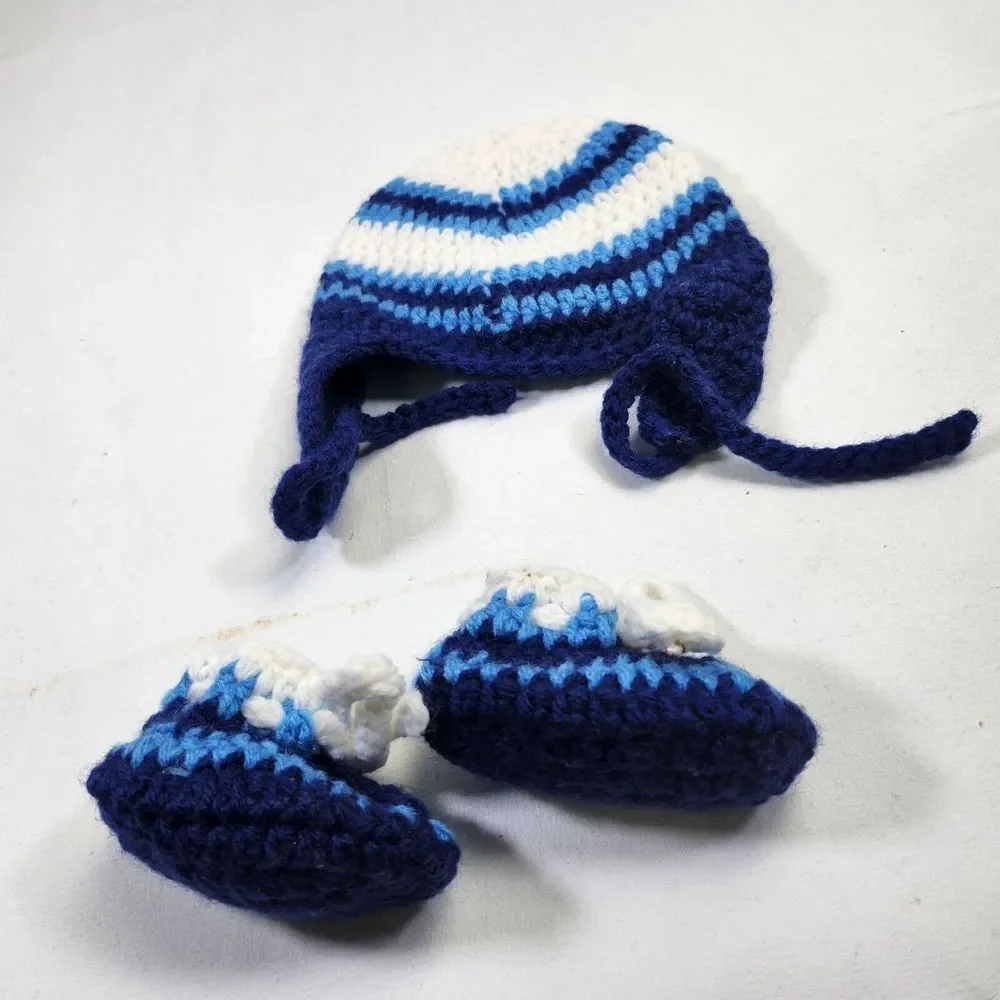 Knitted Baby Hat & Booties Set Blue White Stripes Newborn Soft & Warm Handmade A